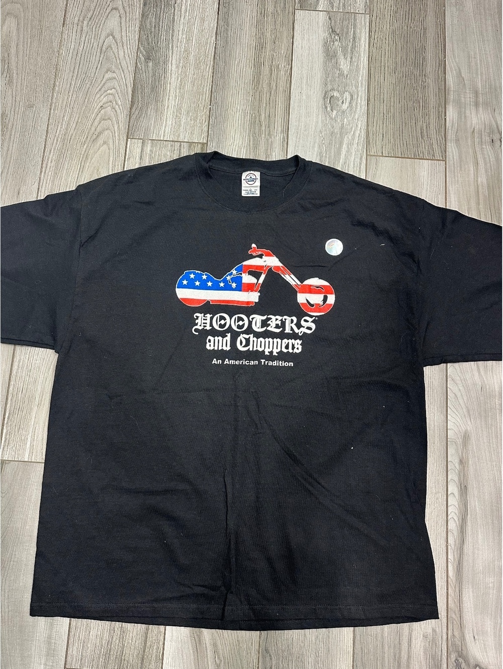 Hooters and Choppers Black T-Shirt with American Flag Motorcycle Graphic